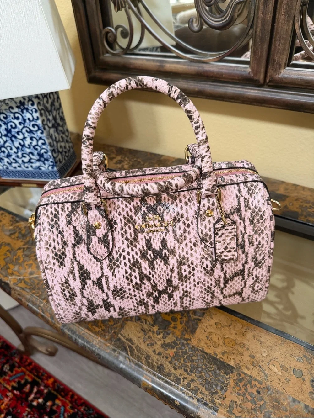 Coach Pink Snake-Print Rowan Medium Satchel with Gold Hardware